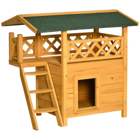 Indoor/Outdoor Cat House 2-Story Wooden Kitten Condo With Balcony Roof (Color: Natural Wood, size: 30"x20"x29")