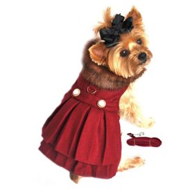 Wool Fur-Trimmed Dog Harness Coat by Doggie Design- Burgundy (size: X-Large)